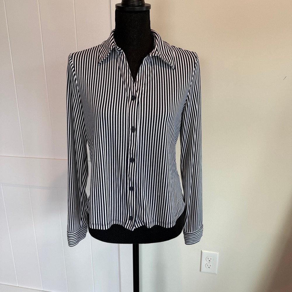 Adrianna Papell Womens Medium Navy Blue White Striped Button Down Blouse Shirt